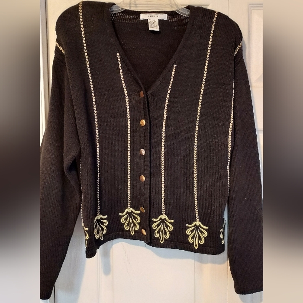 Lise J Womens Black Cardigan Sweater Gold Braid Embroidery Button Vintage Medium
